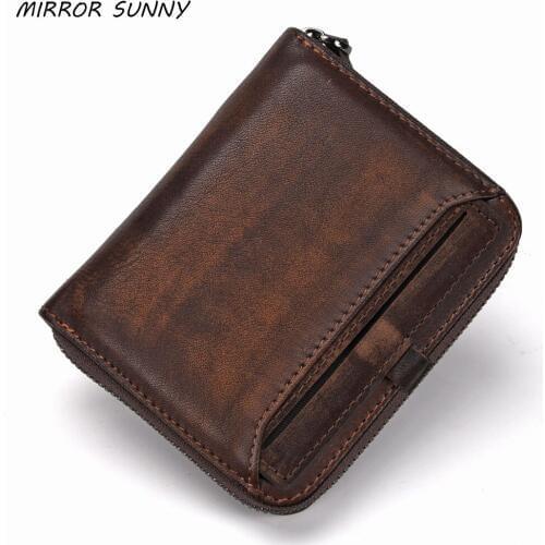 European and American Mens Short Wallet Genuine Leather Man Zipper Purse Card Holder Bag Retro Vertical Youth Wallet Carteira