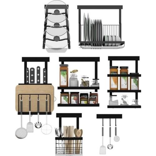 304 Black Stainless Steel kitchen Shelf, Stainless Steel Kitchen Rack With Bar, DIY Pot Spoon Knife Seasoning Dish Shelf