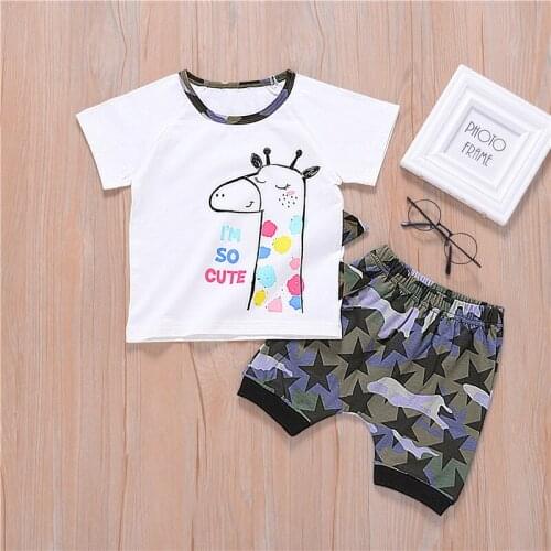 Summer Infant Baby Boys Girls Set Giraffe Print T-shirt + Camo Print Shorts Cotton Baby Clothing