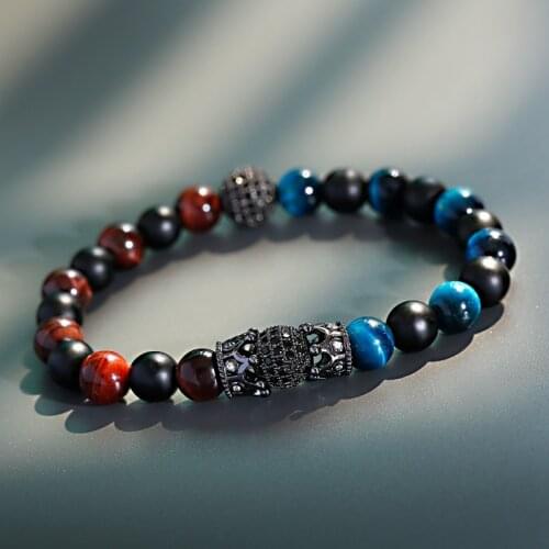 Fashion Blue Tiger Eye Bracelets Charm Crown Ball Zircon Elasticity Rope Men Women Bracelet Pulsera Hombre