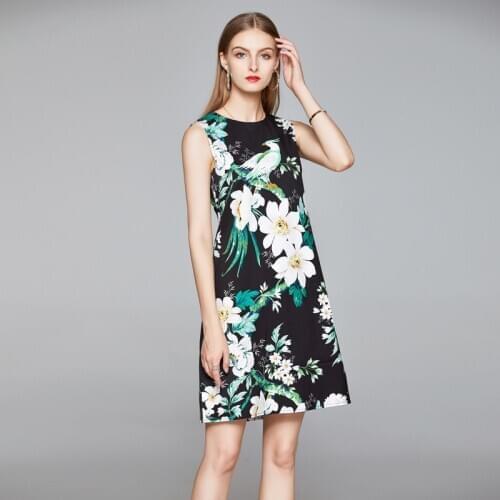 LUKAXSIKAX 2020 New Summer Women Sleeveless Vest Dress High Quality Flowers Print Slim Black Mini Dress Elegant Vintage Dress