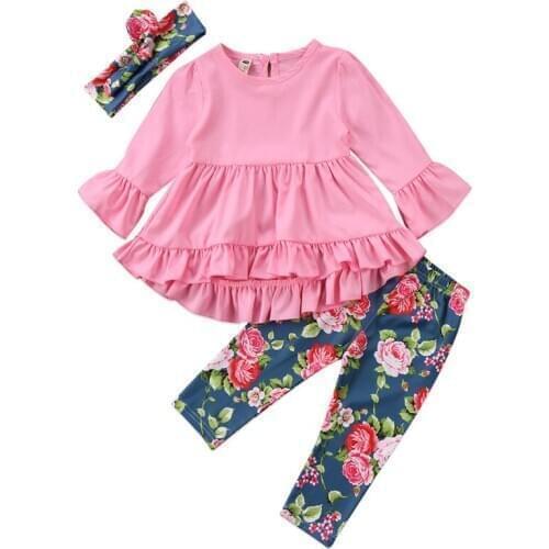 New Style Toddler Baby Girls Clothes Long Sleeve Flower Top Blouse Pants Leggings Headdress 3pcs Outfits Clothes Set