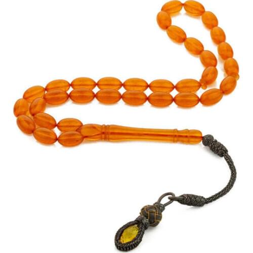Barley Cut Orange Bakalite Rosary (Tasbih) with 925 Sterling Silver Tassel
