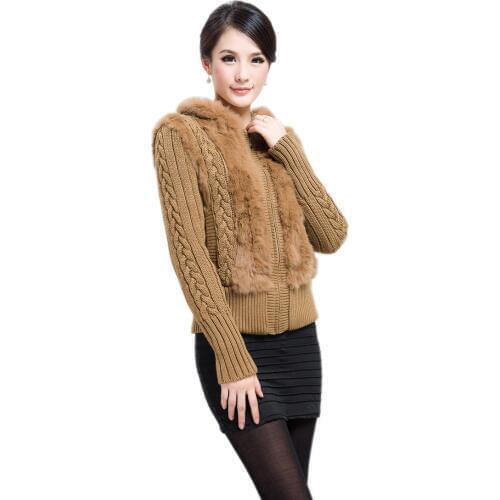 Genuine Sheared Rabbit Fur Jacket hooded knitted coats sweater OEM Free shipping