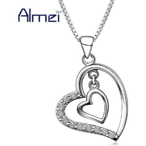 Heart in Heart Pendant Necklace Women Lady Silver Jewelry Christmas Gifts Charms Crystal Colar Feminino Rhinestone Collares N698