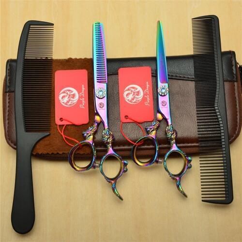4Pcs/Set 6'' Purple 440C Professional Human Hair Hairdressing Scissors Combs + Cutting + Thinning Shears Big Dragon Handle Z9004