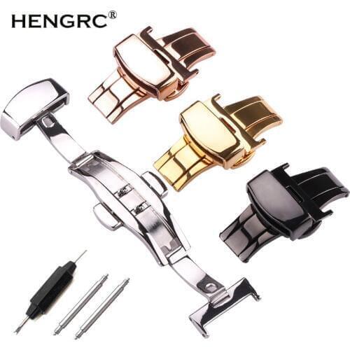 HENGRC Watch Band buckle 16 18 20 22 24mm 316L Stainless Steel silver black Watchbands Strap Double Push Deployment Clasp