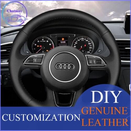 DIY For Audi Q3 Q5 Q5L A6 A4L A5 A3 Q7 Hand Stitch Car Steering Wheel Cover Black Genuine Leather Holder