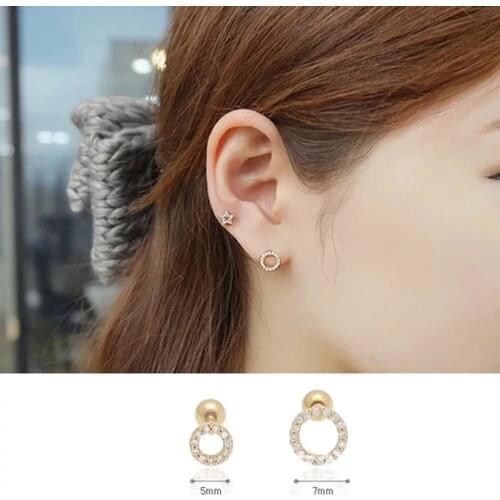 925 Sterling Silver Earring Fashion Round Circle Zircon Screw Stud Earring Ear Bone Nail Wild Personality Trend Female Ear Jewel