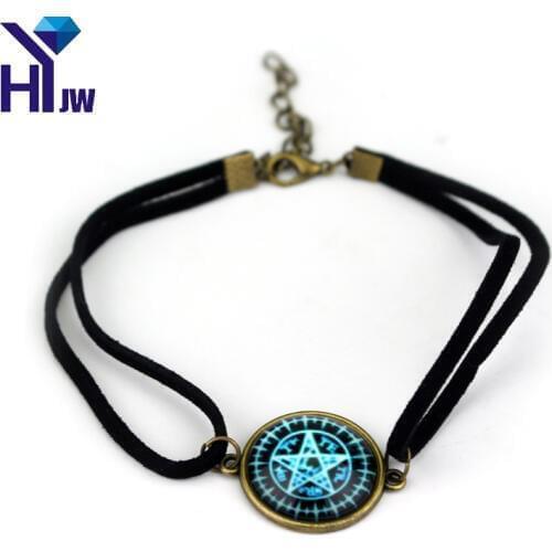 Vintage Glass Dome Bronze Tone Pentagram Supernatural Leather Bracelet Movie Collection Wrap Wristband Jewelry Pulseira Feminina