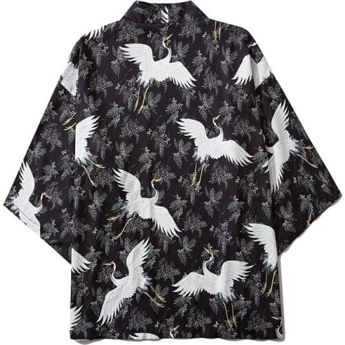 Harajuku 2021 Japanese Kimono Jacket Crane Leaf Print Hip Hop Men Japan Style Streetwear Jacket Summer Thin Clothes Loose Kimono