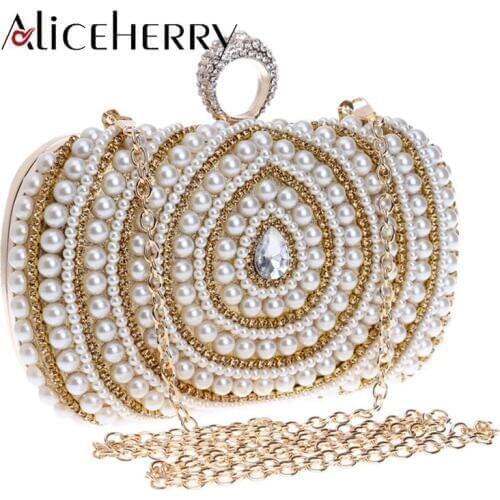 Pearl women clutch handbags diamonds finger ring ladies vintage evening bags crystal wedding bridal rhinestones gold silver bags