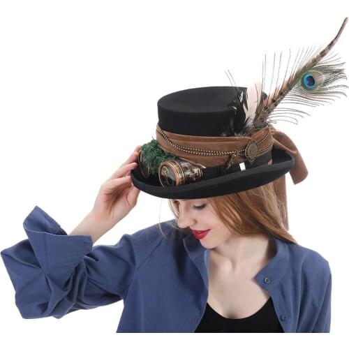 Top 13.5CM Wool Black Women Men Steampunk Top Hat With Handmade Glasses Gear Feather Fedora Cosplay Hat