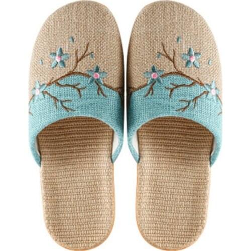 Womens Shoes Summer Casual Flax Slippers Embroidery Flowers Linen Slides Breathable Couple Indoor Shoes Female Sandals
