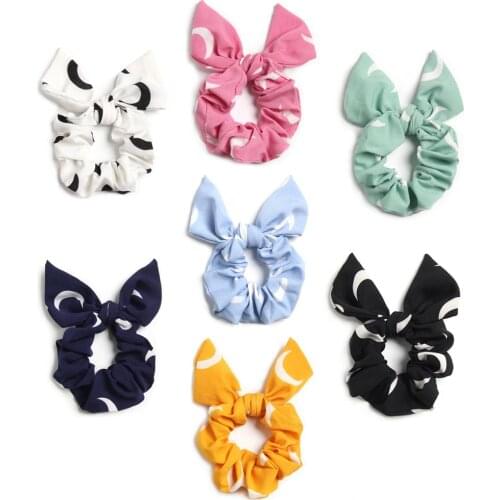 Furling Girl 1PC Moon Printed Solid Bow Hair Ponytail Holder Hair ties Elastic Polyester Hair Bands for Women Hair Accessories