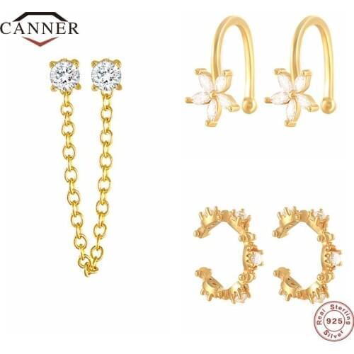 CANNER 100% Real 925 Sterling Silver Snowflake Ear Cuff Without Piercing Clip Earrings for Women Crystal Zircon Clip on Earrings