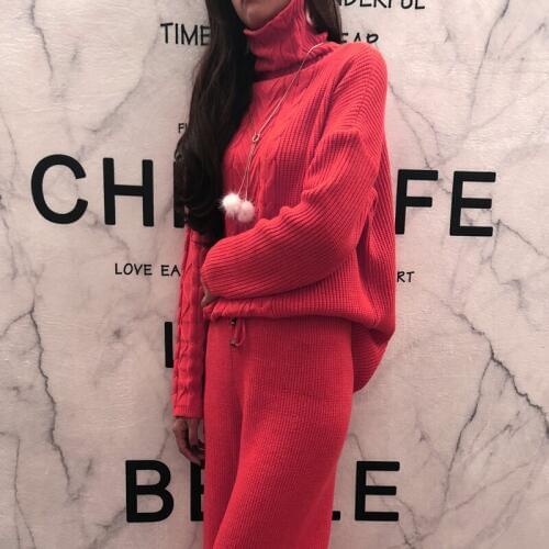 Autumn and winter cashmere turtleneck sweater suit female fashion hemp pattern knit wide leg pants two sets Womens sweater