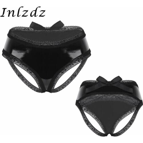 Women Lingerie Sex Bikini Underwear Wetlook Faux Leather Open Back Panties Floral Lace Bowknot Low Rise Bikini Briefs Underwear