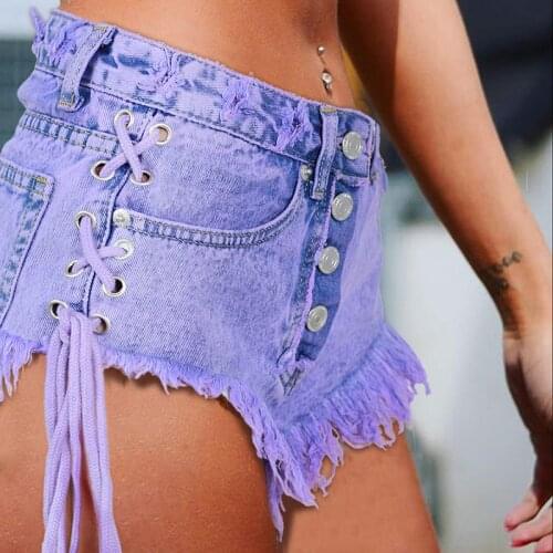 Women Sexy Club Denim Shorts Ripped Jeans Aesthetic Hipster Fashion Cute Mini Trousers Drawstring Bandage Lace Up Plus Size Y2k