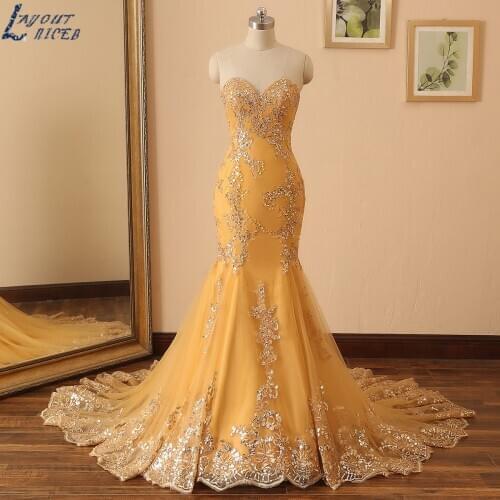 Gold Bling Mermaid Evening Dress 2020 Lace Up suknie wieczorowe Celebrity Dresses Custom robe de soiree Sweetheart abendkleider