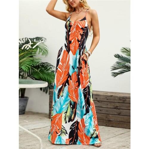 2020 Summer Women Elegant Plus Size Party Dresses Female Vacation V Neck Beach Dresses Leaf Printed Spaghetti Strap Maxi Dress