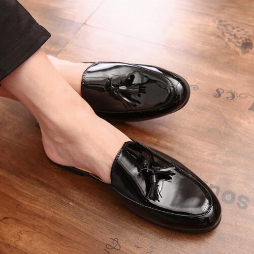2020 Luxury Brand Patent Leather Loafers Slippers Men Flip Flops Sandals Classic Mules Slides Outdoor Man Tassel Casual Shoes