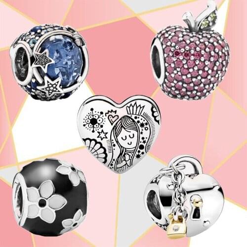 2021 New Sterling Silver 925 Heart Shaped Golden Lock Bead Goddess Amulet Red Pavé Apple Pendant Wild Diy Female Bracelet