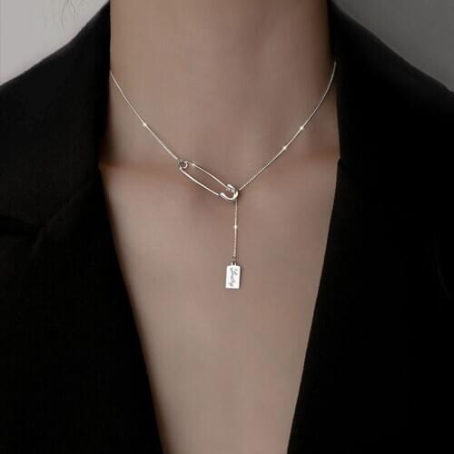 925 Sterling Silver Korean Fashion Party Elegant Pin Paper Clip Necklace Charming Clavicle Chain Jewelry for Women Gift 2021 New