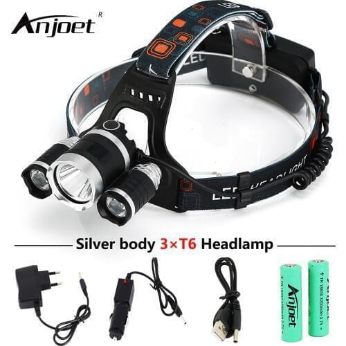 ANJOET Silver body 3*T6 bicycle Headlamp 30W 3000 Lumen Headlight Torch XML-T6 fishing LED Head Lights 18650 Battery+Charger