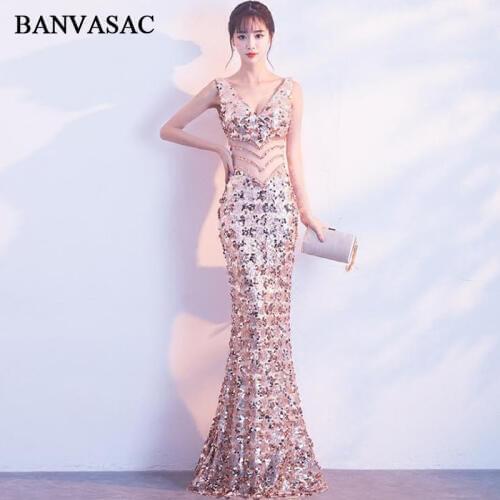 BANVASAC Sexy Deep V Neck Sequined Appliques Mermaid Long Evening Dresses Crystal Illusion Hollow Out Backless Party Prom Gowns
