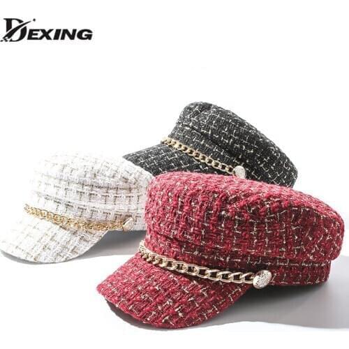 Ladies Autumn Winter Chain Berets Tweed Military Hat for Women Female Flat Salior Hat Travel Painters Cap