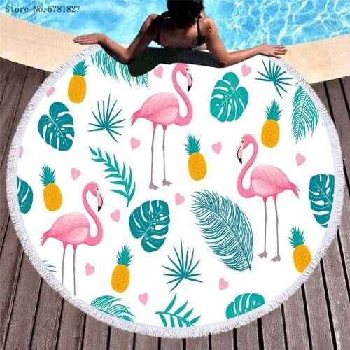 Flamingo Large Round Beach Towel Pink Animals Bath Towel Swimming Cover Yoga Mat Quicksand Pattern Microfiber Shower Decor