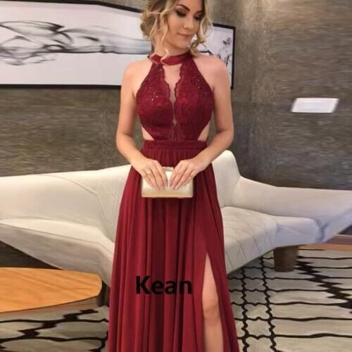 V-neck Slit Burgundy Evening Dress Satin Simple Lace robe soiree Islamic Dubai Kaftan Saudi Arabic Evening Gown Prom Dress Plus