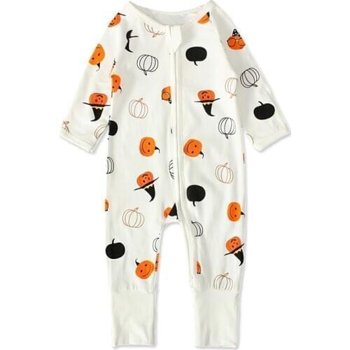 Childrens Underwear One-Piece Romper Autumn Long-Sleeved Halloween Pumpkin Pattern Soft Warm Breathable Comfortable Clothes