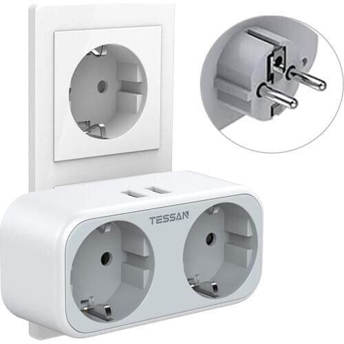 TESSAN Travel Power Strip EU Socket with 2 USB Ports 2 Outlets EU Plug Overload Protection 4-in-1 Wall Socket