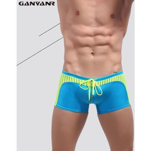 GANYANR Brand Mens Swimwear Swimming Boxer Trunks Sexy Shorts Swimsuit Bikini Beachwear Low waist Patchwork 2017 Nylon Pouch