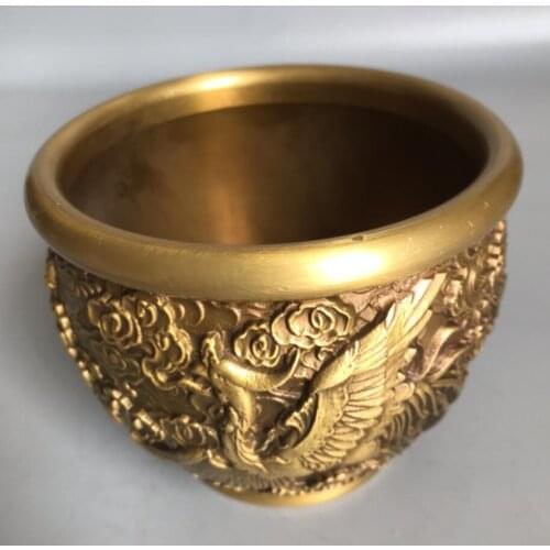 China brass peony flower phoenix tank crafts statue