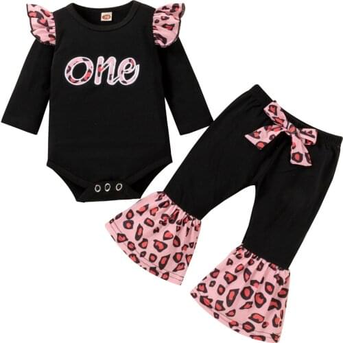 2Pcs Newborn Baby Girls Clothes Set Fashion Spring Outfits Letters Long Sleeves Romper + Leopard Print Flare Trousers , 0-24 M