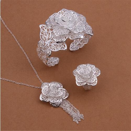 Factory price silver color jewelry set charm elegant hollow big flowers Necklace Bangles Ring fashion women party jewelry S445