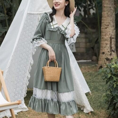 Kawaii Dress Women Summer 2021 Japanese Ruffled Doll Collar Sweet and Cute Lace Trumpet Sleeve Ladies Retro College Style Dress