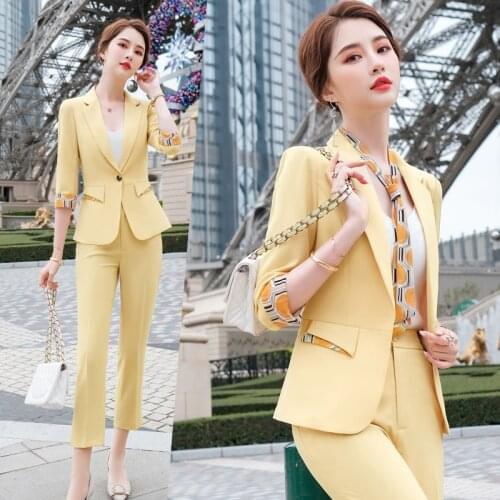 Fashion Ladies Business Wear Quality Two Piece Set Women Half Sleeve Slim Jackets Blazers Women And Straight-Leg Pants LS002
