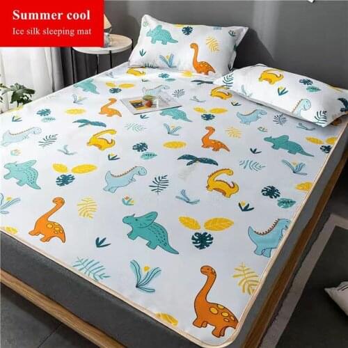 Washable summer ice silk bed mat cartoon print adult children cool cozy sleeping mat foldable portable bed protection pad
