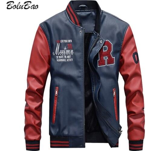 BOLUBAO Mens Korean Leather Jacket Baseball Uniform Winter Stand-Up Collar PU Casual Jacket Contrast Color Slim Leather Male