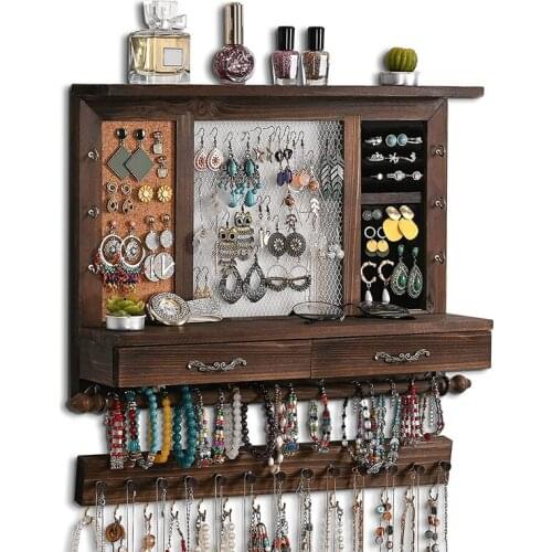 Jewelry Organizer Wall Mounted Jewelry Organizer Mesh Rustic Hanging Jewelry Holder for Earrings Necklaces with Drawer