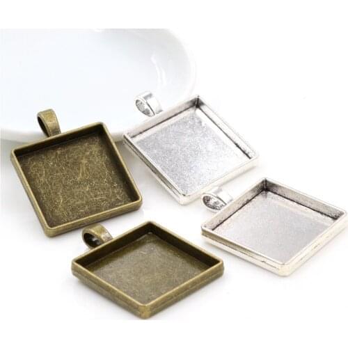 New Fashion 5pcs 25mm Inner Size Antique Bronze And Antique Silver Plated Colors Square Cabochon Base Setting Charms Pendant