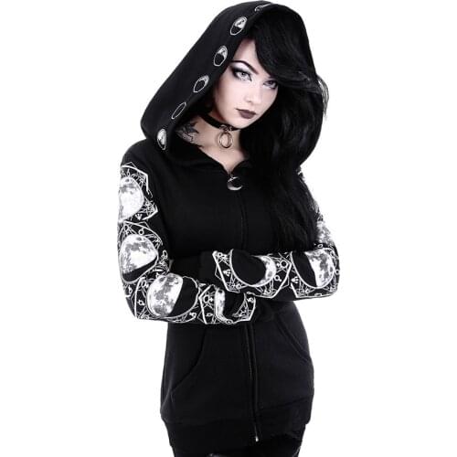 Autumn Female Hooded Sweatshirt Zipper Up Slit Back Long Sleeve Loose print Women Fleece Hoodies Coats plus size women goth