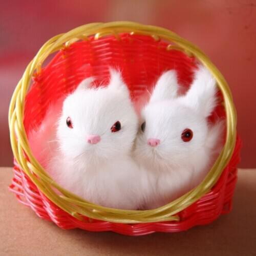 A pair of small simulation rabbit toys polyethylene&furs rabbit models in red basket gift about 12x5x11cm 1631
