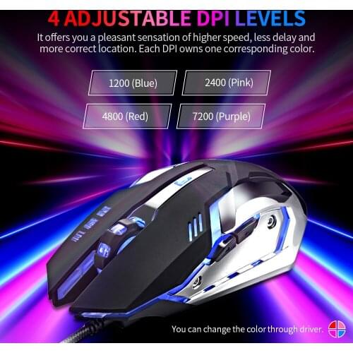 Wired 3200 DPI Gaming Mouse 4 Adjustable DPI Levels/6 Programmable Buttons/4-Color Breathing Light Left&Right Mute Buttons Black