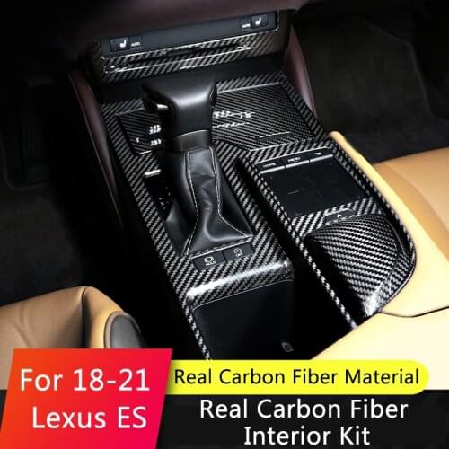QHCP Car Gear Panel Sticker Trim Real Carbon Fiber Water Cup Holder Armrest Storage Box Cover For Lexus ES200 260 300H 2018-2021