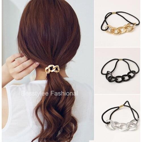 Punk Style Hair Accessories Women Girls Metal Circle Elastic Hair Band Rubber Vintage Chain Ponytail Acrylic Hair Rope Scrunchy